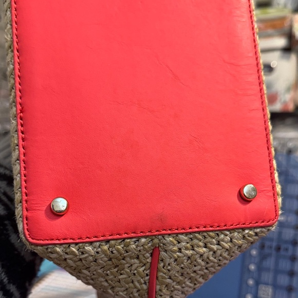 Kate Spade Tan Straw Tote with Red Orange Trim - Picture 7 of 9